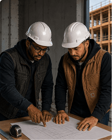 Contractors reviewing plans on a job site
